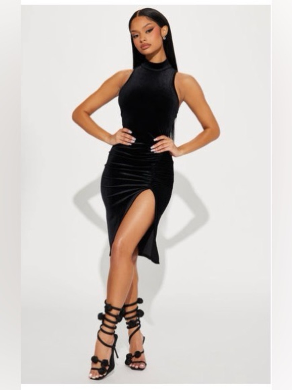 Fashion Nova Black Sleeveless High-Neck Ruched Midi Dress with Slit